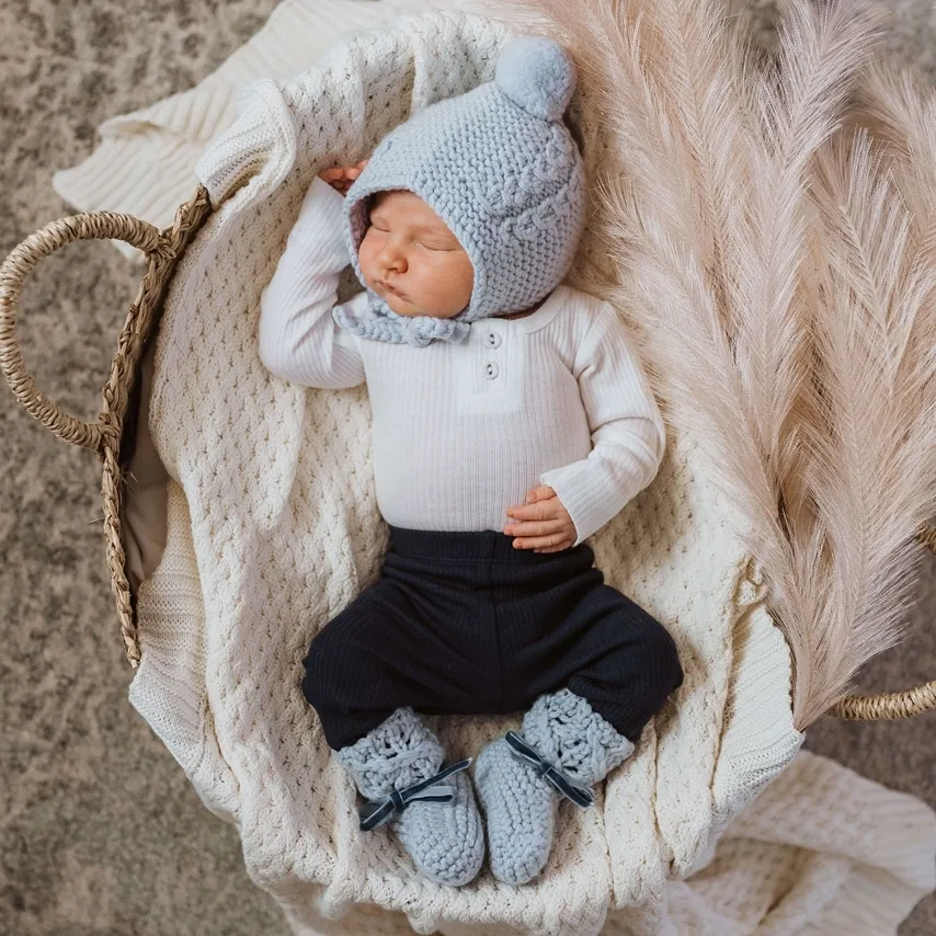 Merinoset Mützchen & Booties Blau