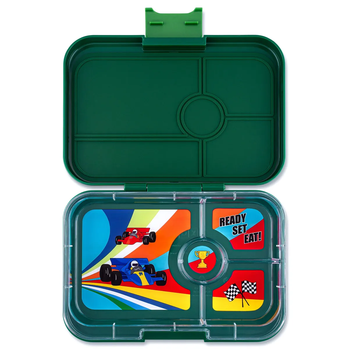 Yumbox Tapas Auslaufsicheres 4-Fächer-Tablett mit Rennwagen - Greenwich Green