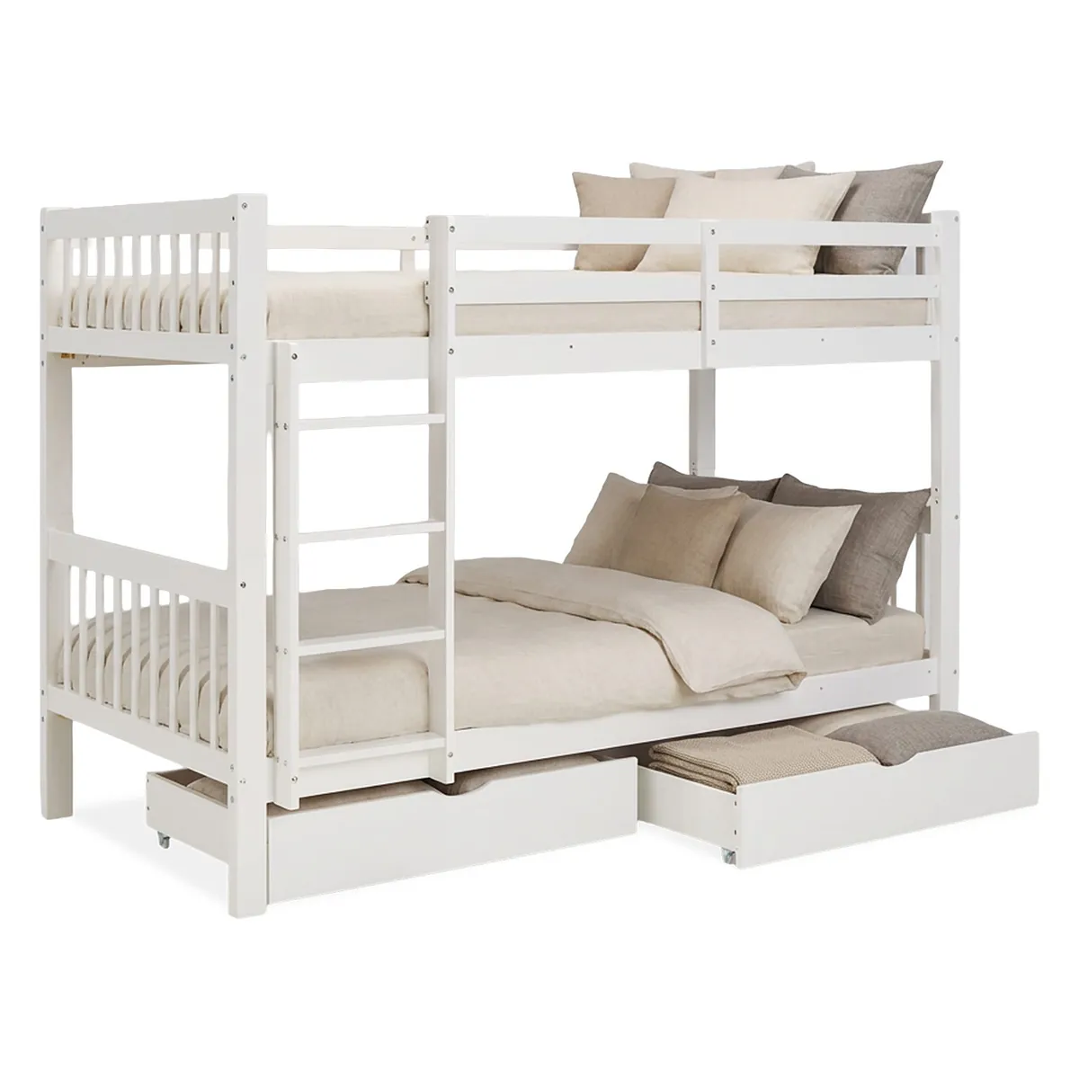 Etagenbett 90x200 cm Weiss | Kinderbett mit Bettkasten | Rausfallschutz | Umbaubar | Holz massiv