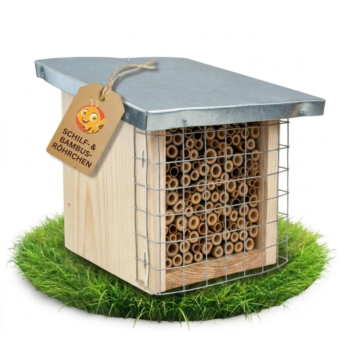 Bienenhotel mit Metalldach & Schutzgitter, Bambus & Schilf + Metalldach