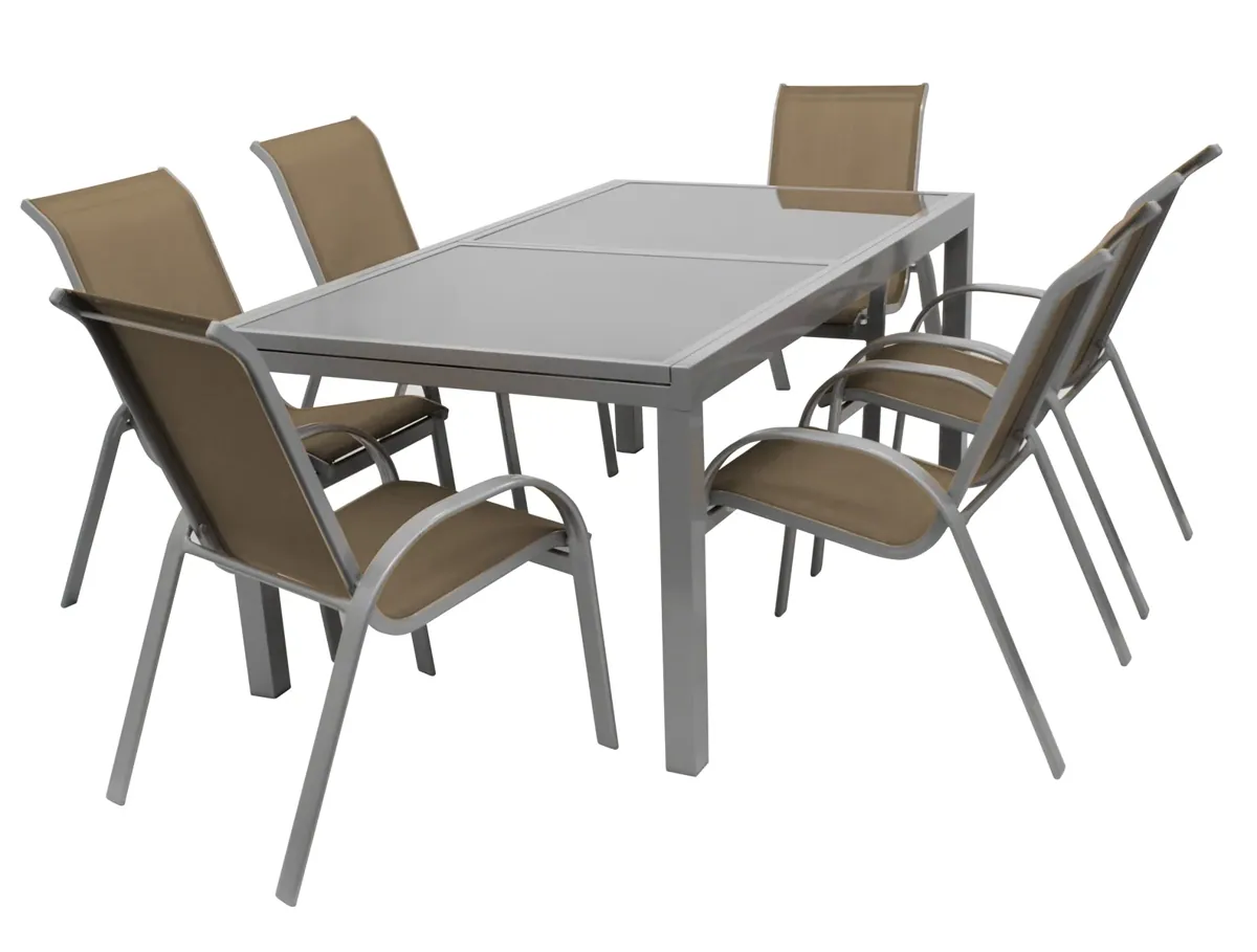 Garnitur Sitzgruppe AMALFI 7-teilig, Alu + Glas + Kunstgewebe taupe