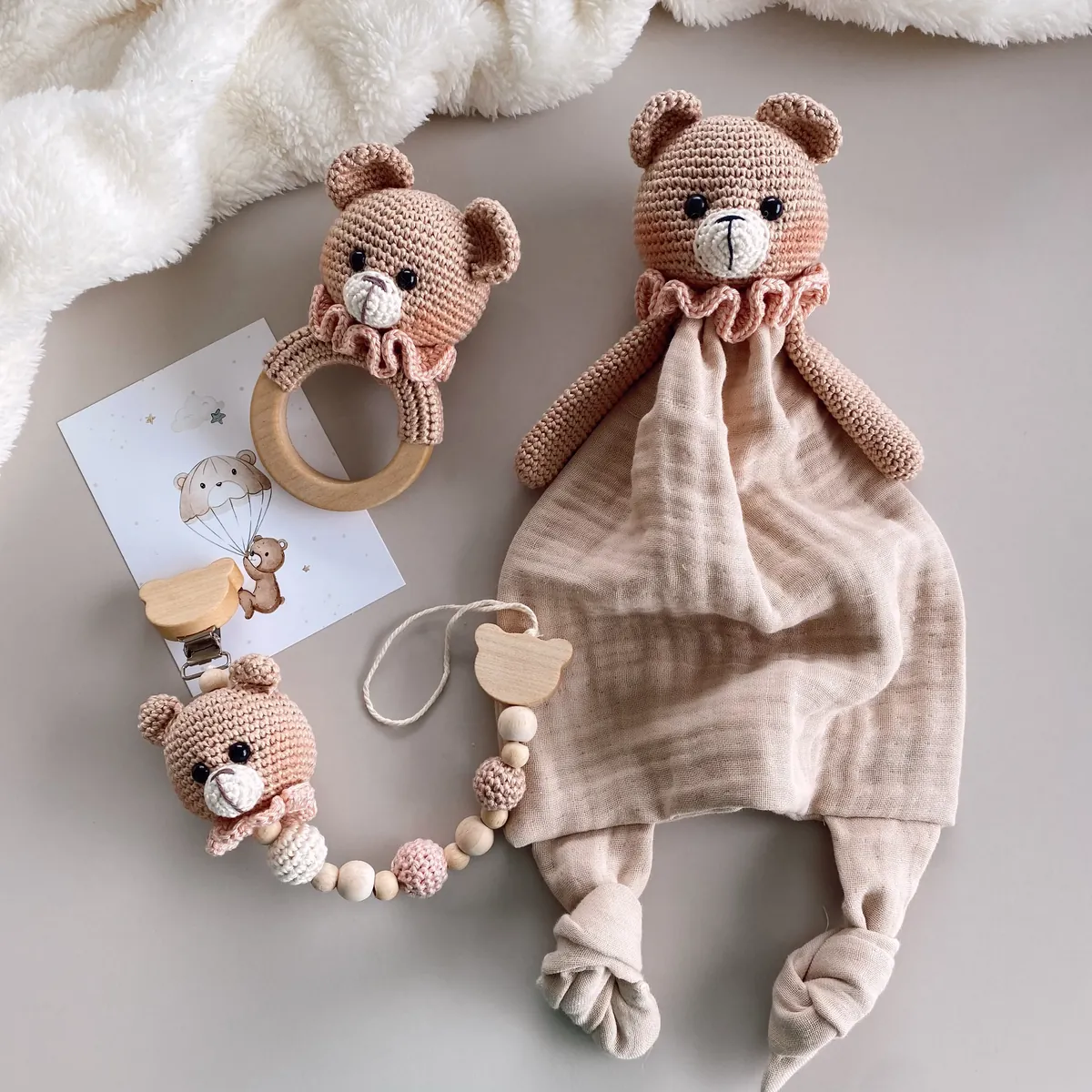 handgemachtes Baby Set Amigurumi Musselin-Teddy Bear