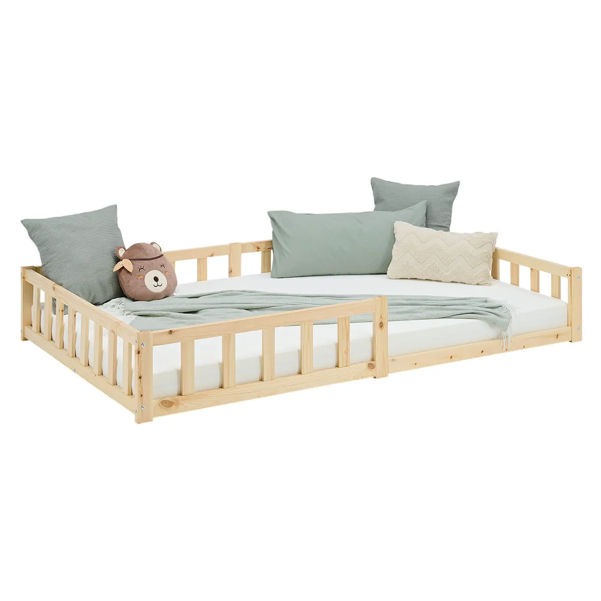 Kinderbett 120x200 Natur | Bodenbett mit Matratze & Lattenrost | mit Rausfallschutz | Montessori