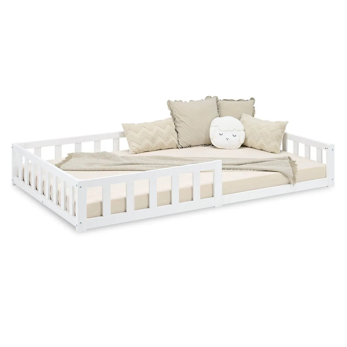 Kinderbett 120x200 Weiss | Bodenbett mit Lattenrost | mit Rausfallschutz | Montessori