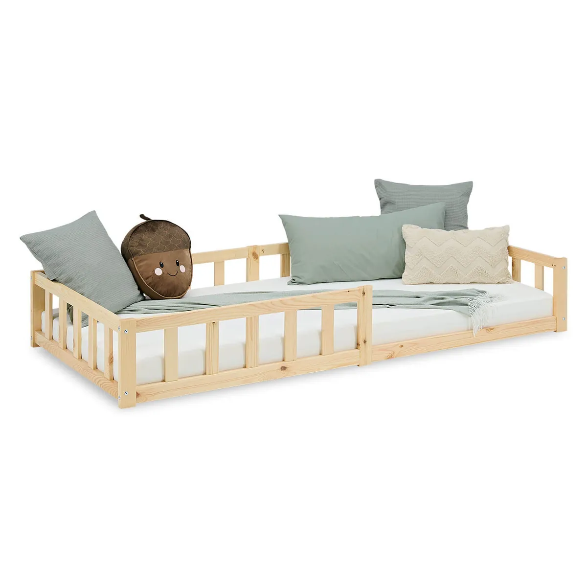 Kinderbett 90x200 Natur | Bodenbett mit Lattenrost | mit Rausfallschutz | Montessori