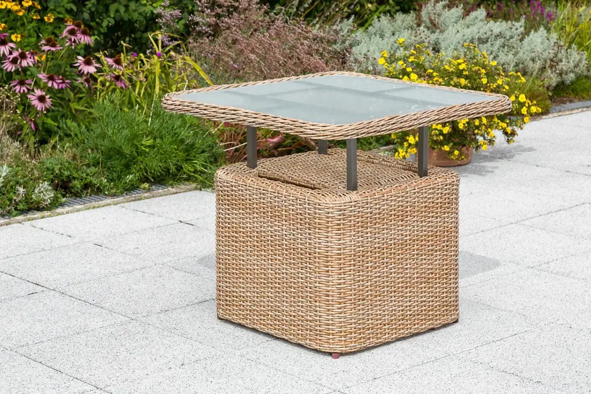 Loungetisch VENETO 72x72cm Stahl + Polyrattan natur, höhenverstellbar