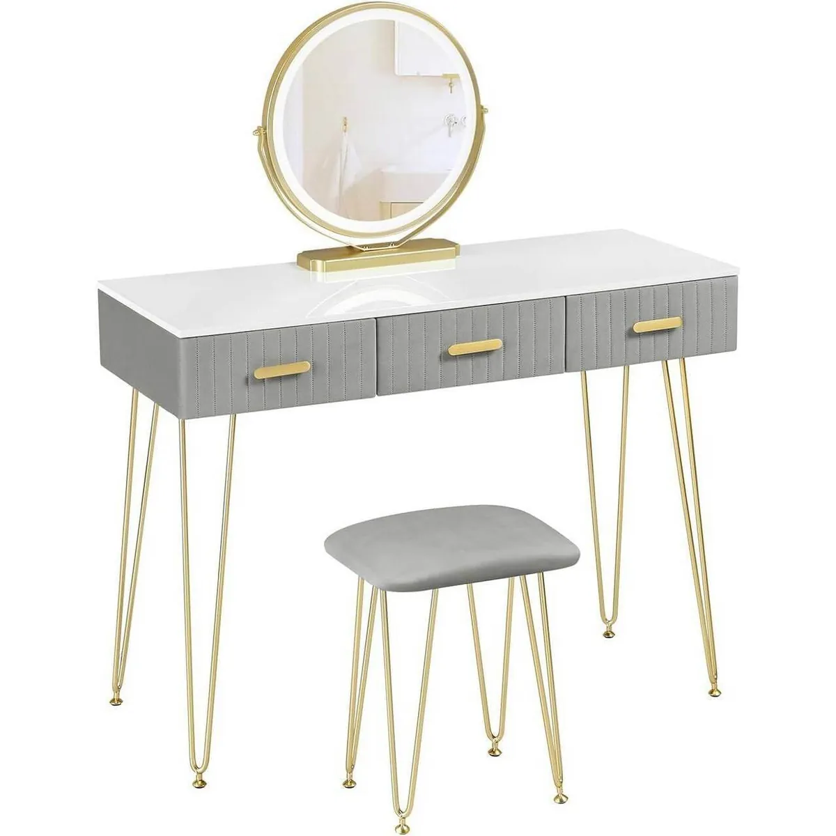 Schminktisch mit LED Samthocker, 3 Schubladen, Weiss Gold Grau