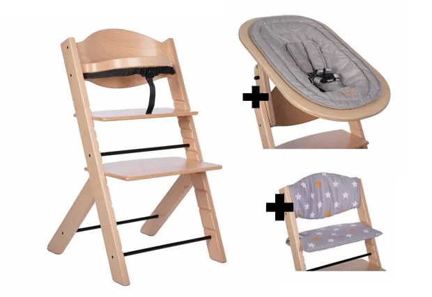 Treppy Hochstuhl Bundle mit Newborn Seaty und Kissen Natural