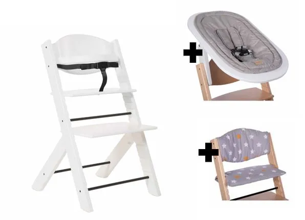Treppy Hochstuhl Bundle mit Newborn Seaty und Kissen Weiss
